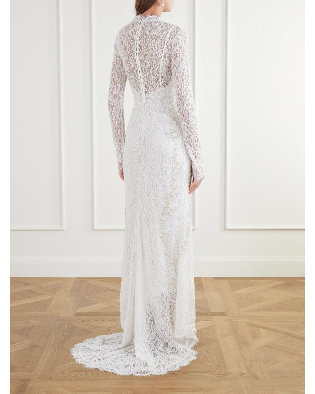 Clio Peppiatt White Sylvia Bead-Embellished Floral-Lace Gown