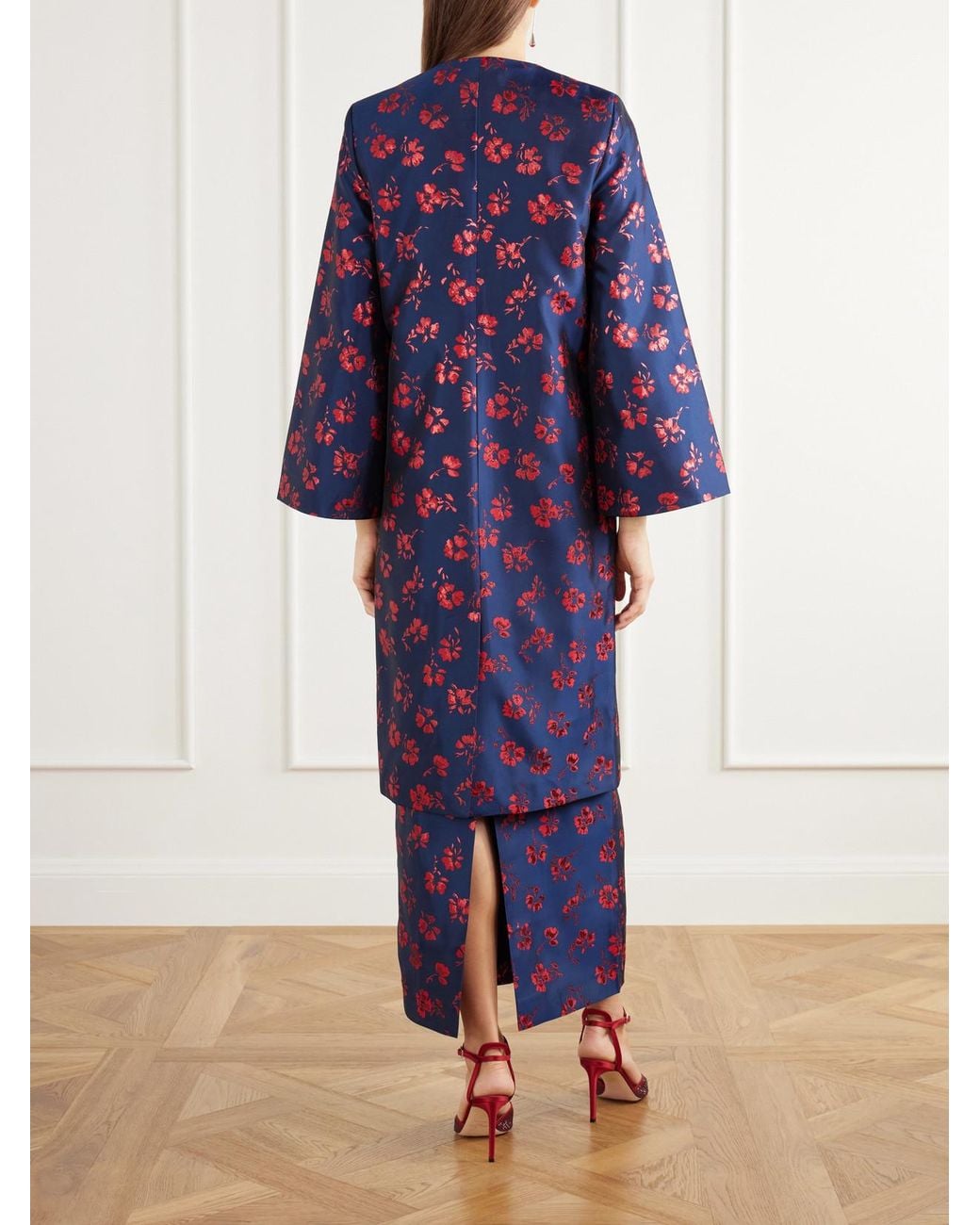 D'Estree Blue Ruby Floral-Jacquard Taffeta Coat