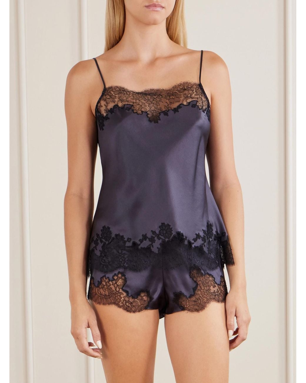 Carine Gilson Purple Lace-Trimmed Silk-Satin Camisole