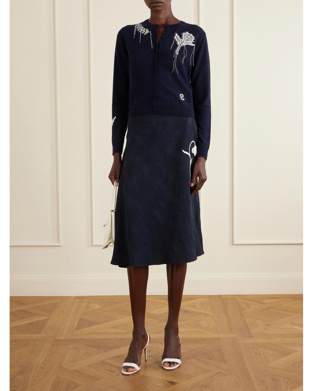 Erdem Blue Asymmetric Floral-Jacquard Cotton-Blend Midi Skirt