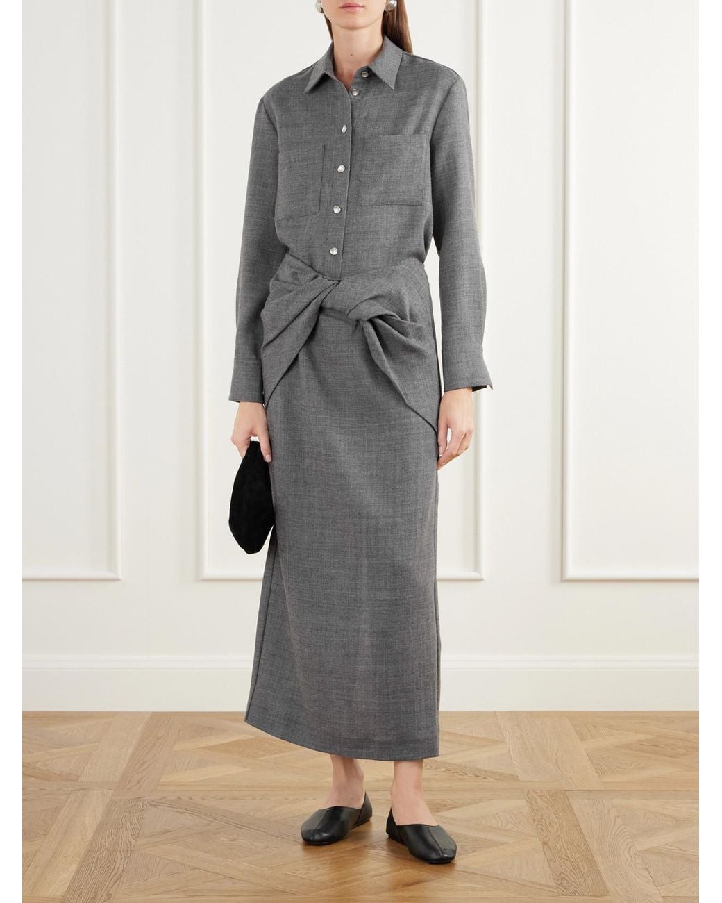TOVE Gray Hope Knot-Detail Wool-Fresco Midi Skirt