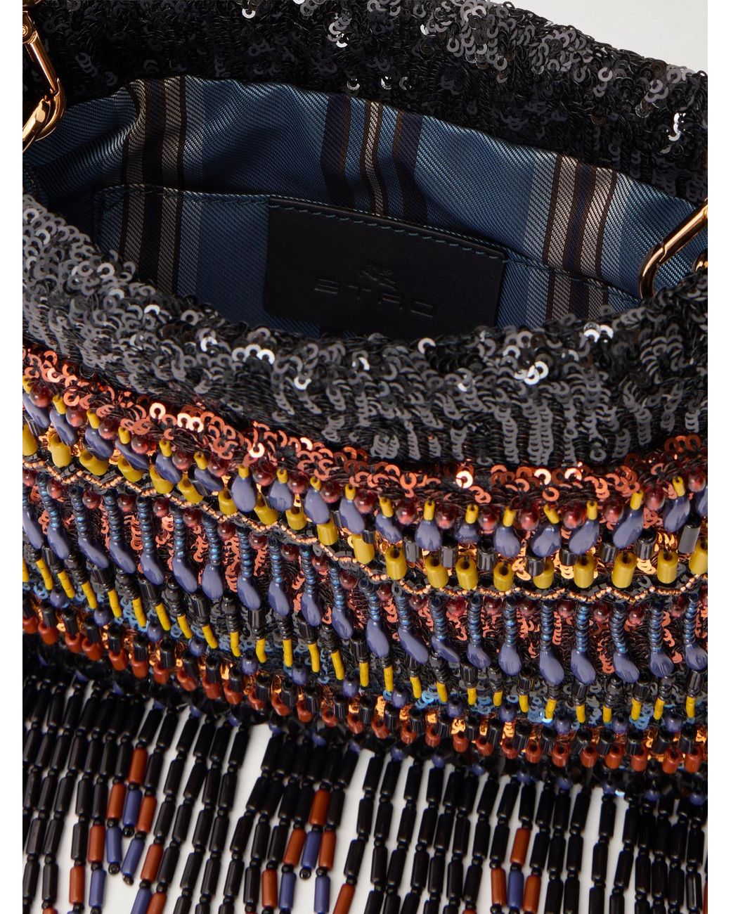 Etro Black Kalispera Fringed Bead-Embellished Leather-Trimmed Sequined Drawstring Bag