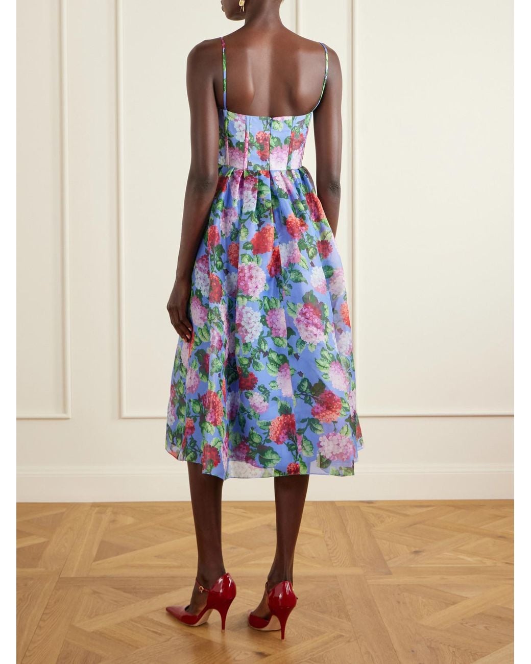Carolina Herrera White Floral-Print Silk-Crepe Midi Dress