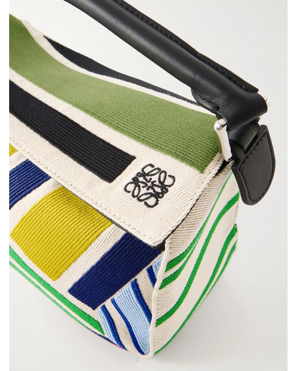 Loewe Green Puzzle Striped Leather-Trimmed Canvas Top-Handle Bag