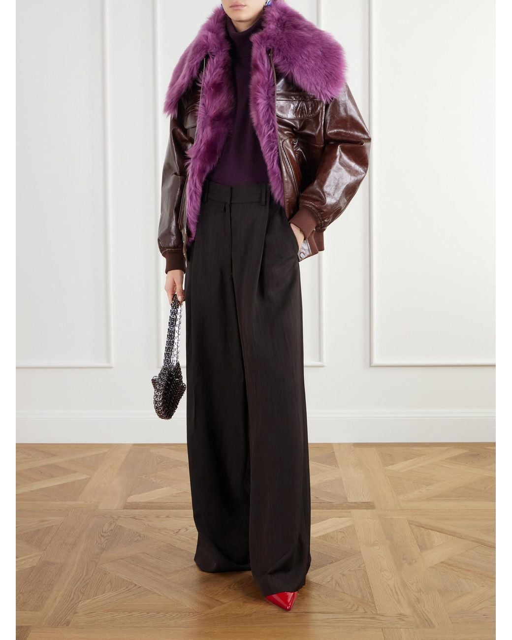 Rabanne Purple Shearling-Trimmed Leather Bomber Jacket