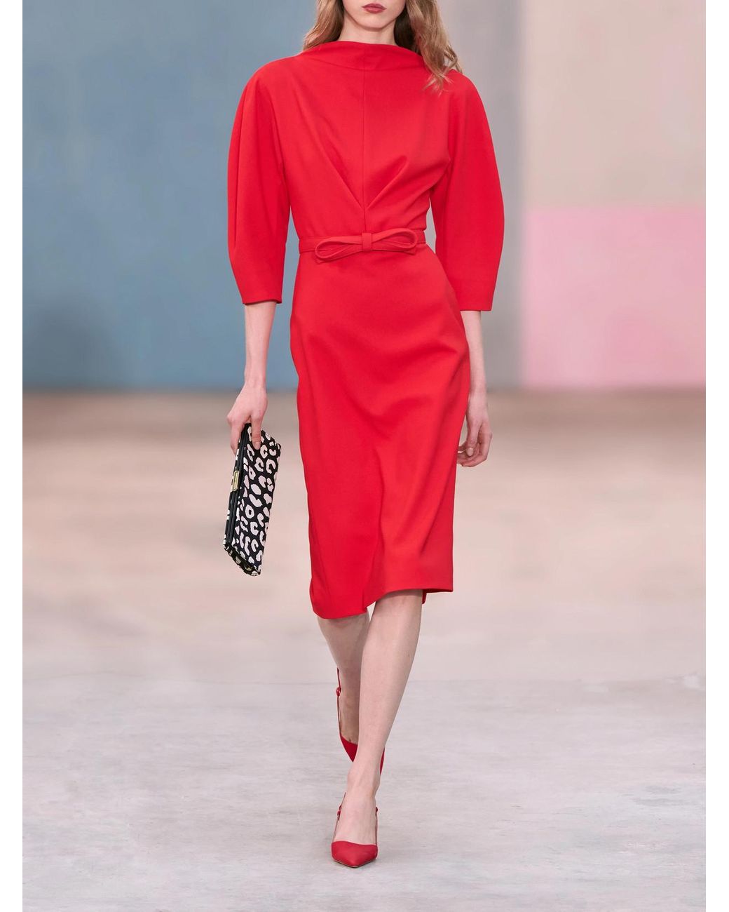 Carolina Herrera Red Sheath Cinched Stretch-Wool Midi Dress