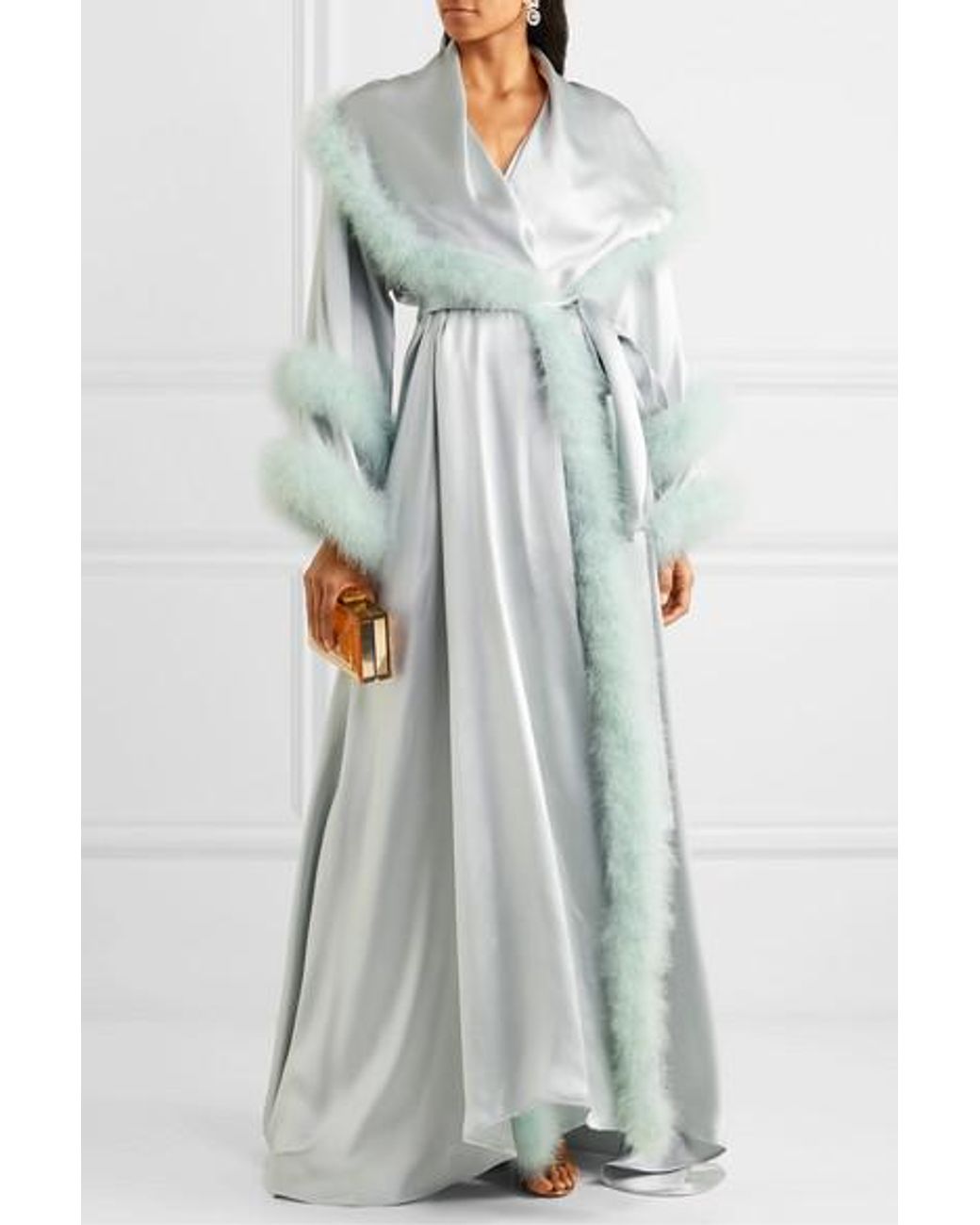 Dolce & Gabbana Oversized Feather-trimmed Silk-satin Robe in Blue | Lyst UK