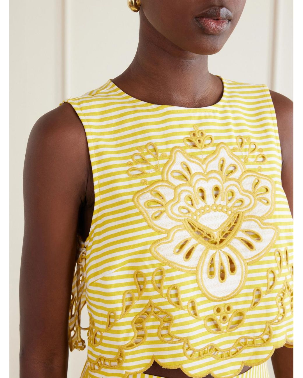Farm Rio Yellow Cropped Striped Broderie Anglaise-Trimmed Linen-Blend Tank