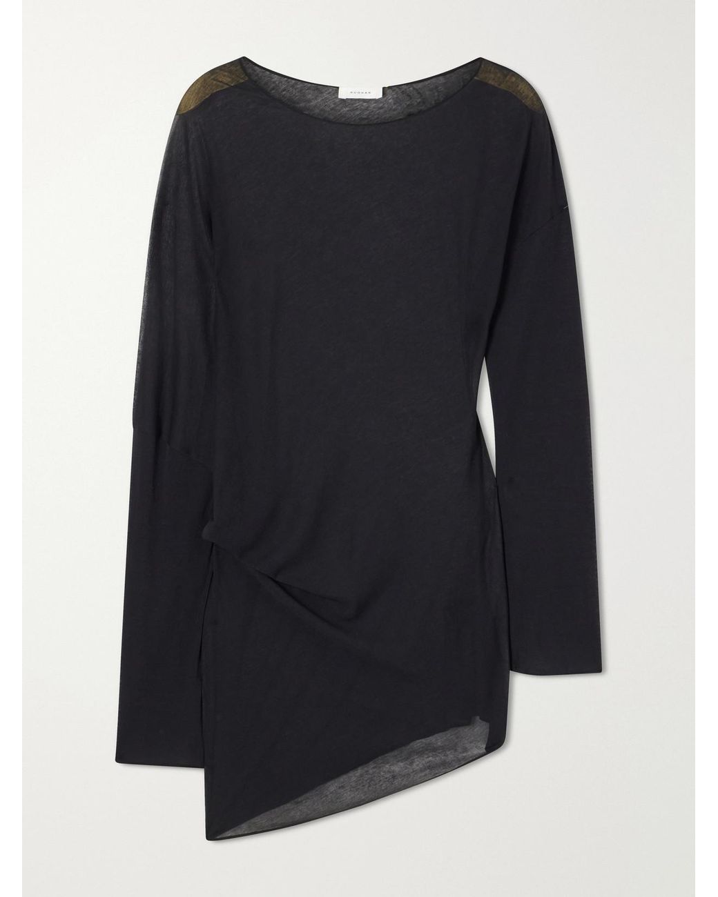 Ruohan Blue Cobia Asymmetric Gathered Cotton-Gauze Blouse