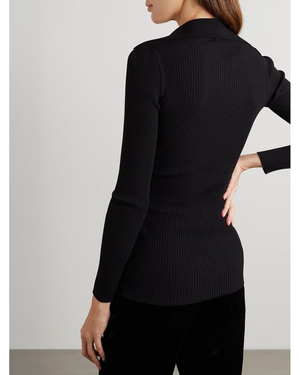 Saint Laurent Black Embellished Ribbed-Knit Polo Sweater