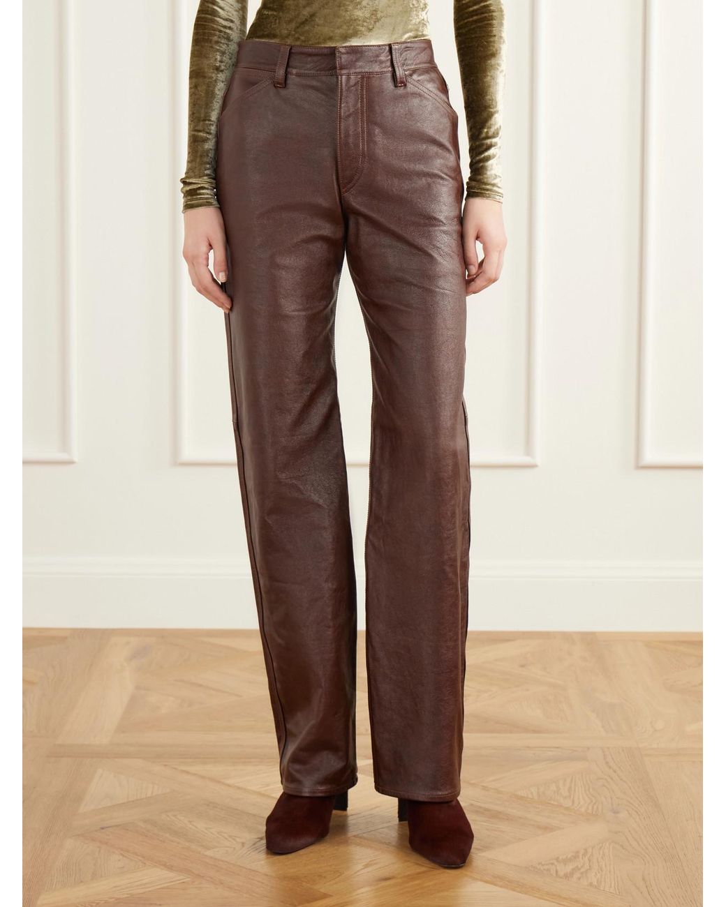 Lemaire Brown Textured-Leather Straight-Leg Pants