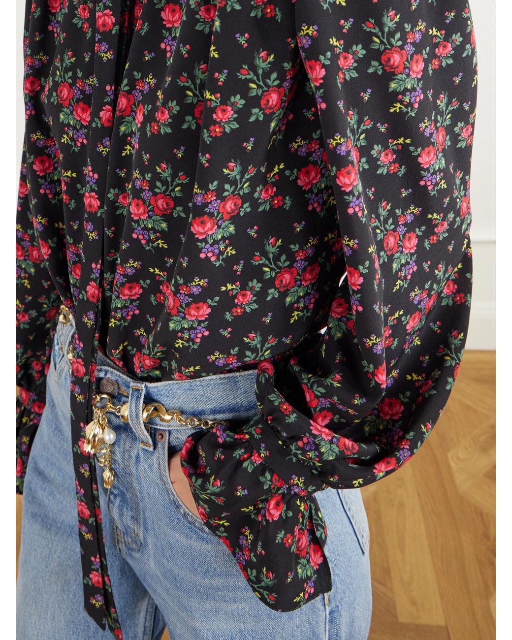 Chloé Black Ruffled-Collar Floral-Print Silk Crepe De Chine Blouse