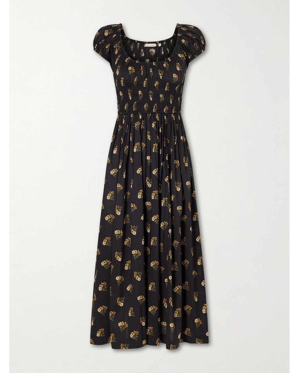 Doen Black Quinley Shirred Floral-Print Cotton-Blend Poplin Midi Dress