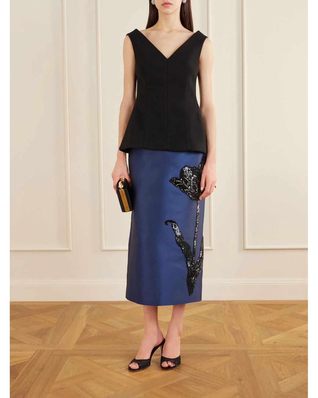 Erdem Blue Sequined Embroidered Satin Midi Skirt