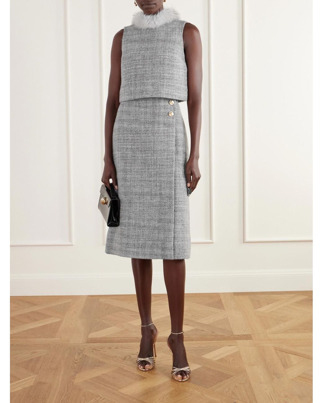 Cara Cara Gray Luca Button-Detailed Wool-Blend Tweed Midi Skirt