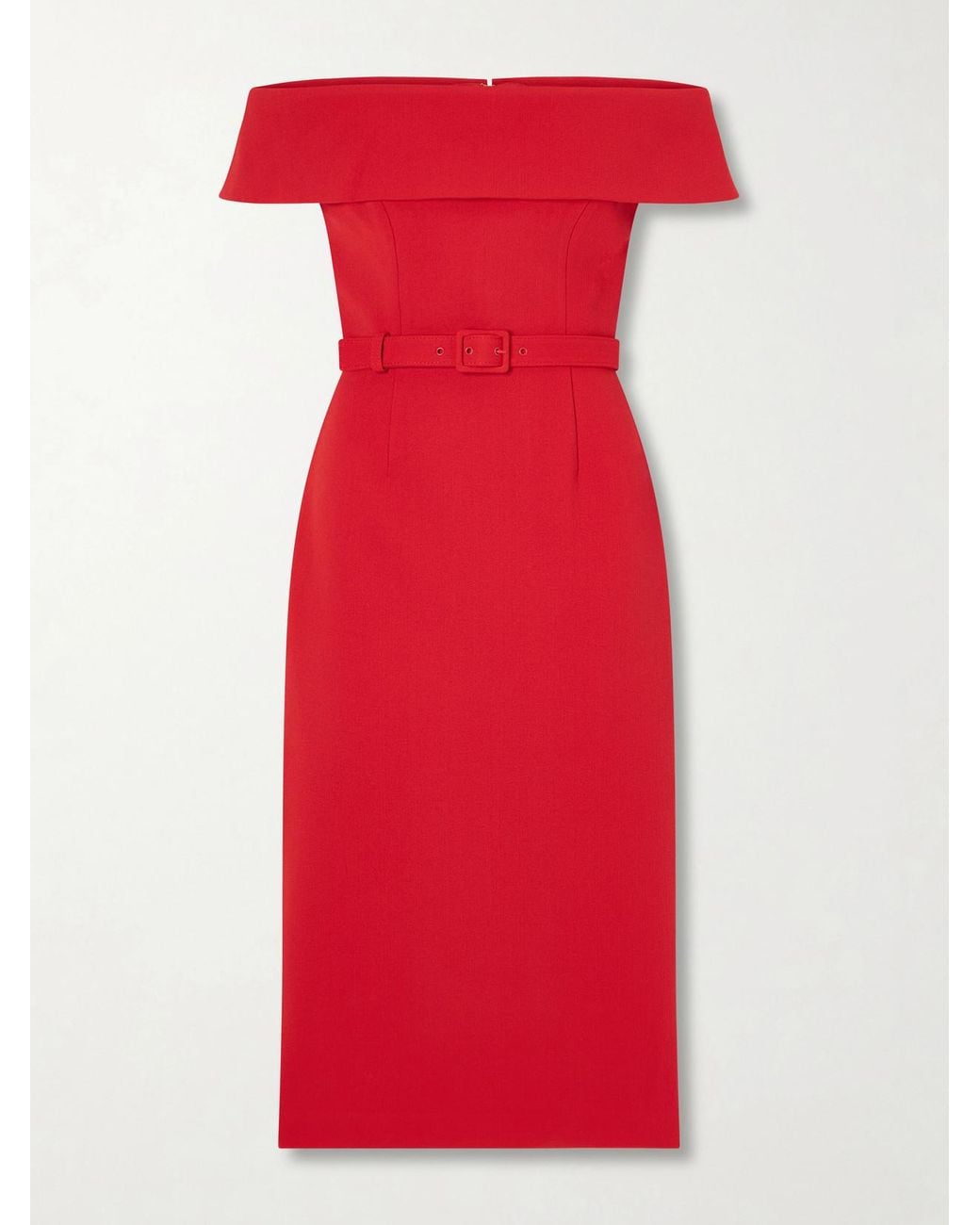 Rebecca Vallance Red Precious Off-The-Shoulder Belted Crepe Midi Dress