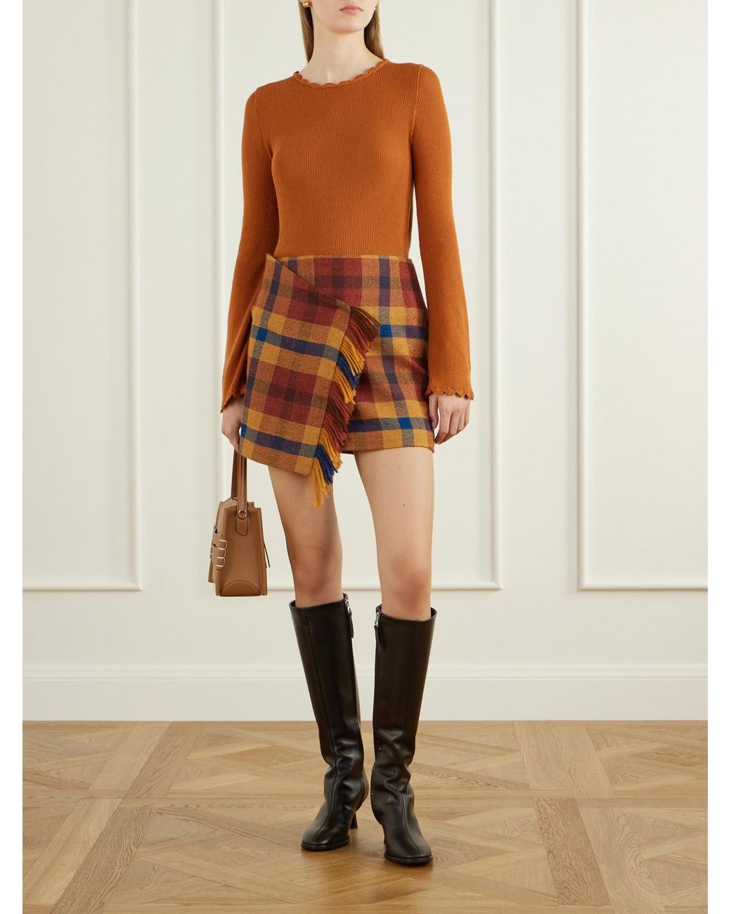Escvdo Orange Checked Asymmetric Alpaca Mini Skirt
