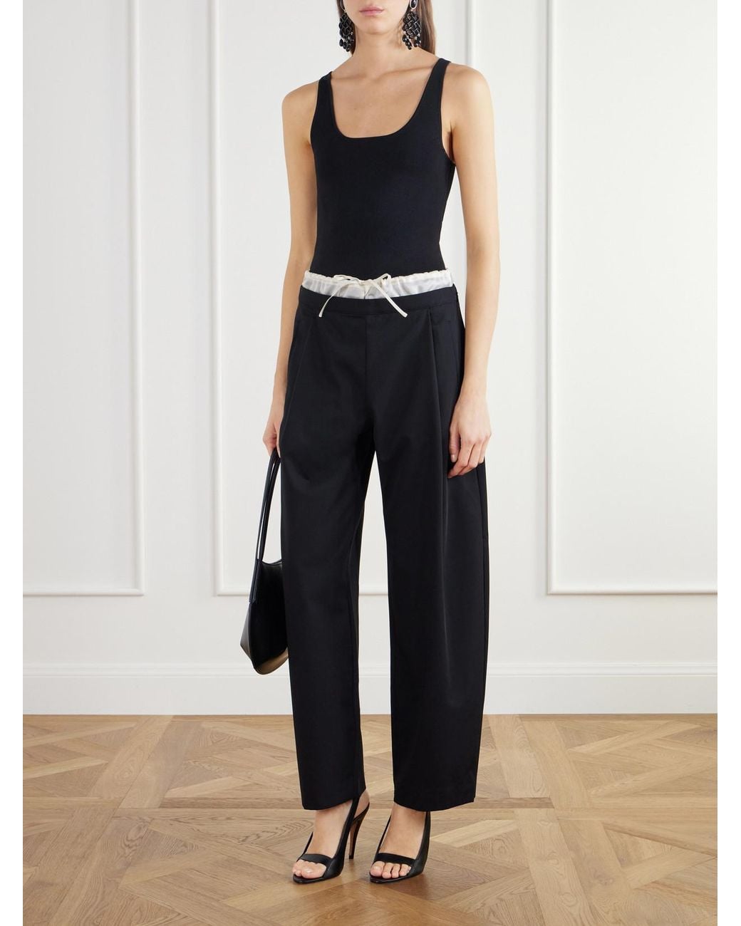 St. Agni Black Satin-Trimmed Wool-Twill Barrel-Leg Pants