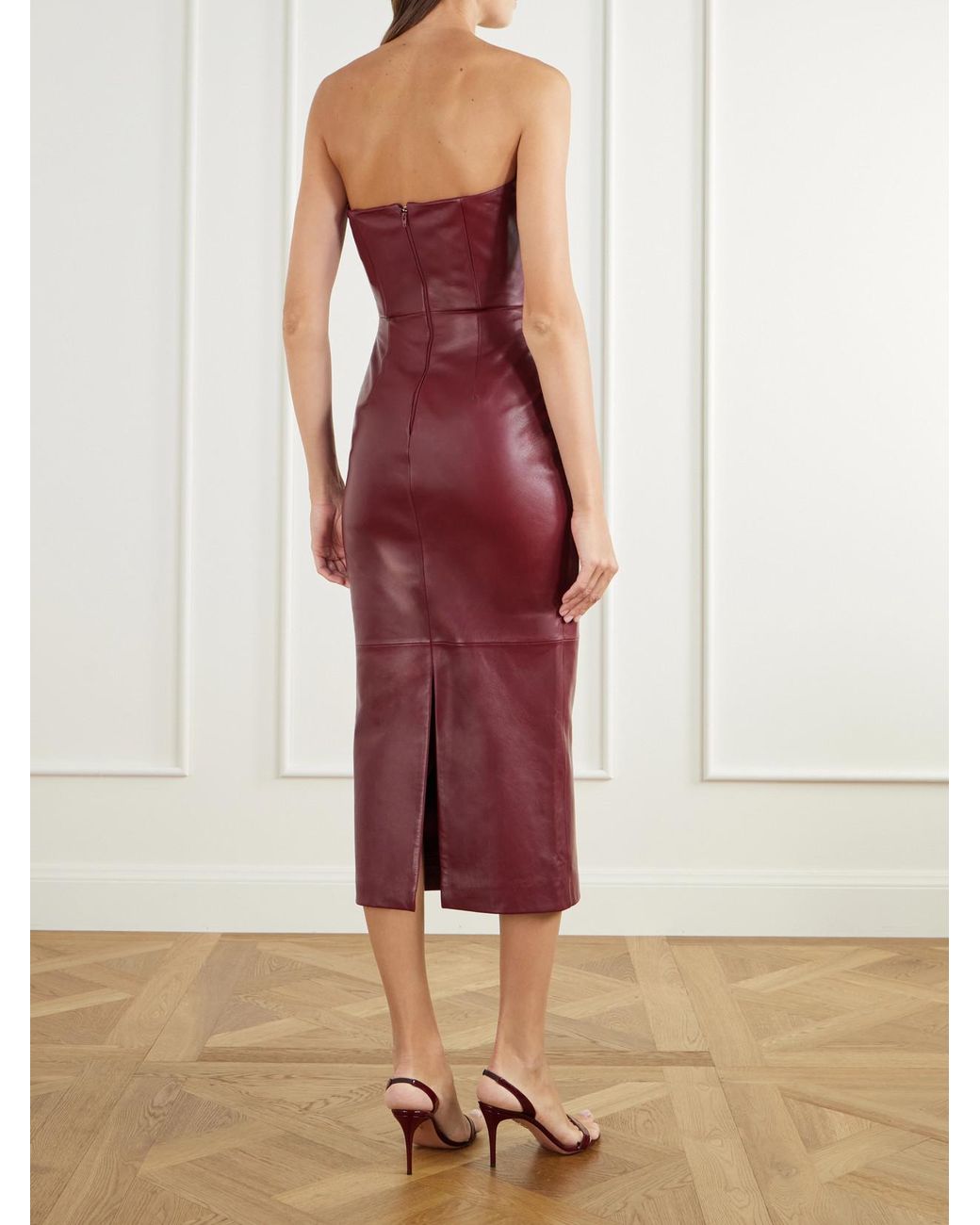 Alex Perry Red Bustier Paneled Leather Midi Dress