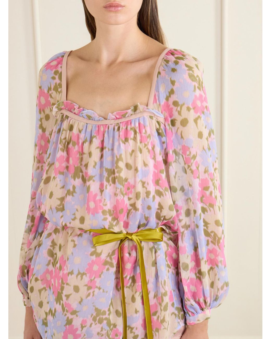 Valentino Garavani Pink Belted Floral-Print Silk-Georgette Blouse