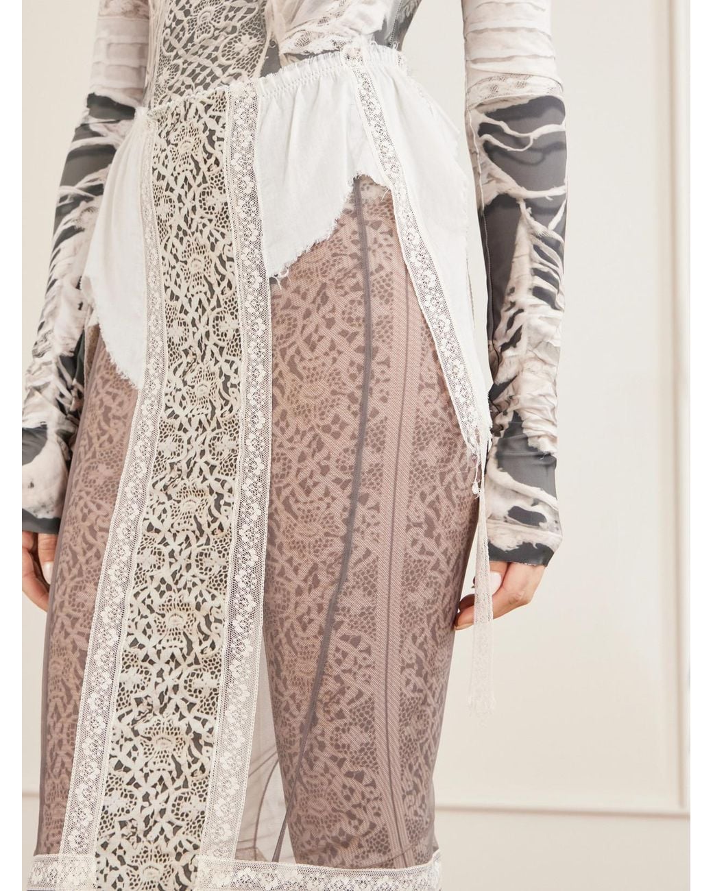Dilara Findikoglu White Past Edges Lace-Trimmed Mesh Midi Skirt