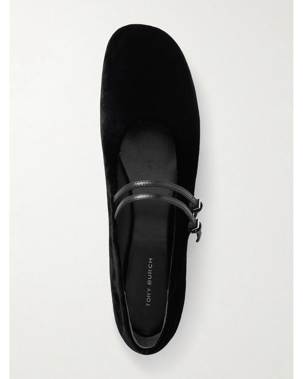 Tory Burch Black Leather-Trimmed Velvet Mary Jane Ballet Flats