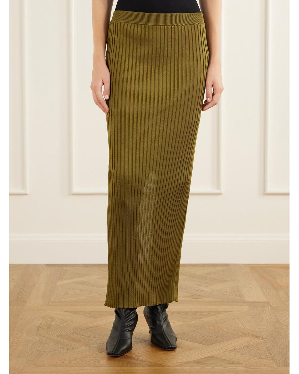 Balmain Green Ribbed Stretch Maxi Skirt