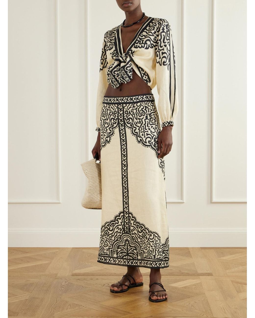Johanna Ortiz White Loose Horizon Printed Linen Maxi Skirt