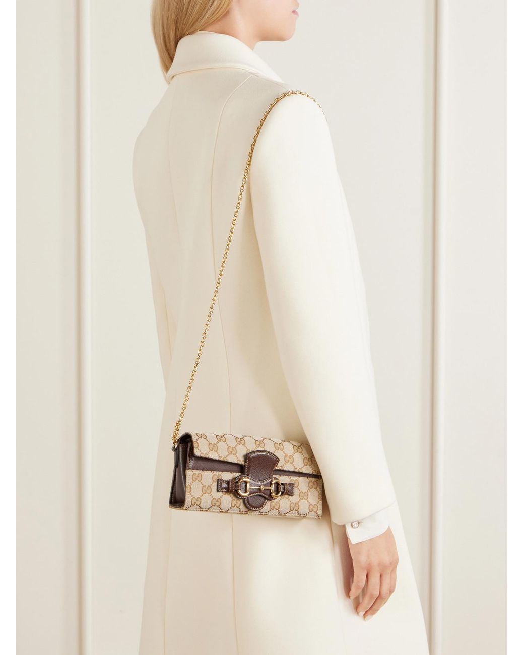 Gucci Natural Ristretto Horsebit Embellished Canvas-Jacquard Shoulder Bag