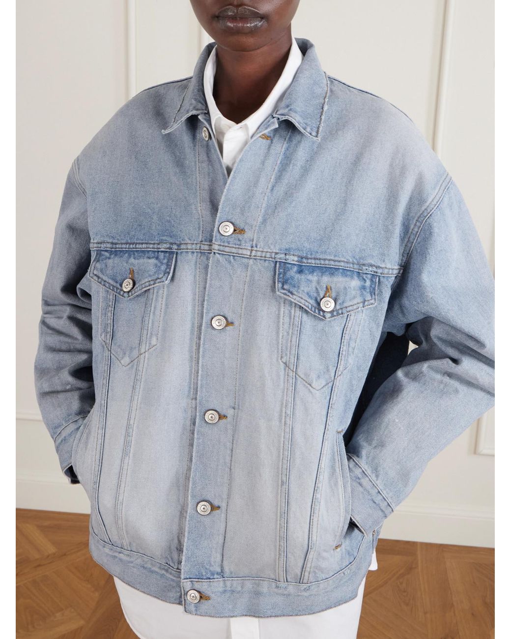 Balenciaga Blue Oversized Distressed Printed Denim Jacket