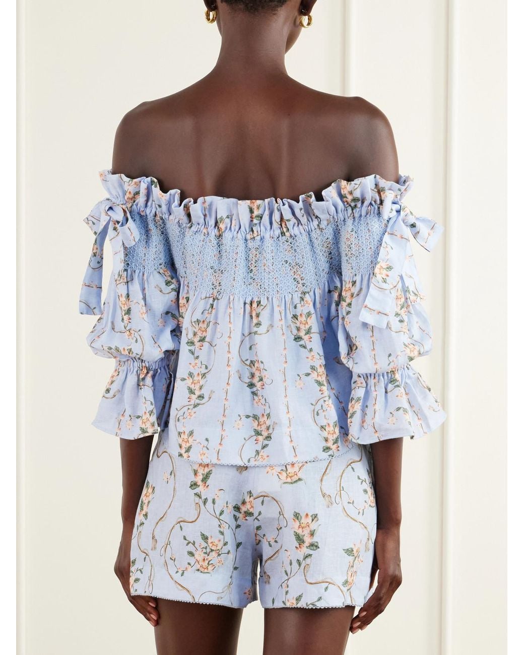Agua Bendita Blue Isla Navegante Printed Smocked Linen Blouse
