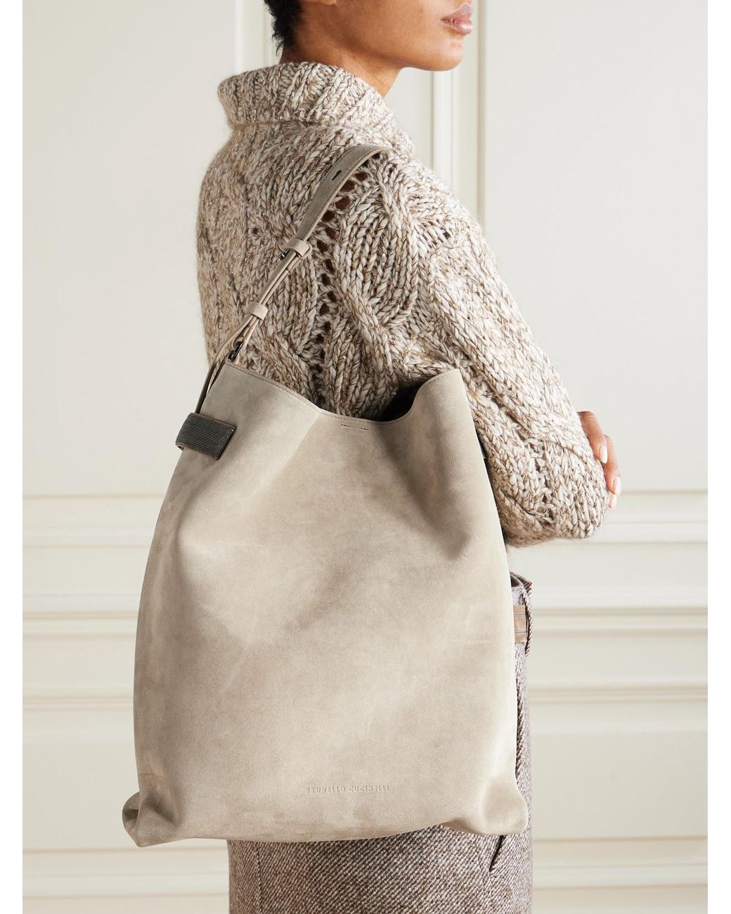 Brunello Cucinelli Natural Bead-Embellished Suede Shoulder Bag