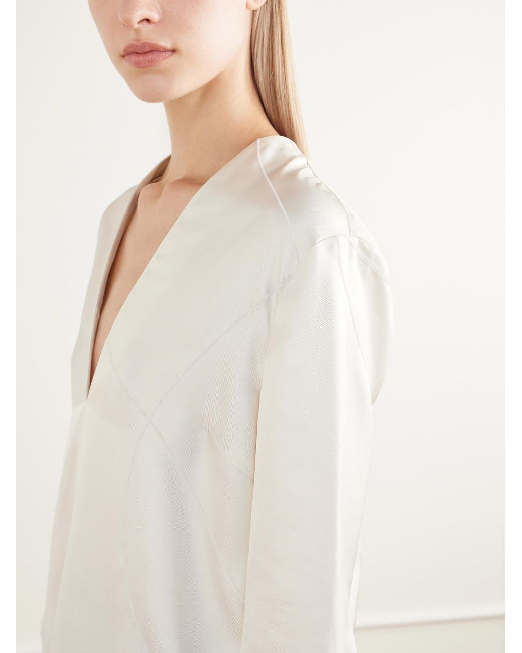 Loulou de Saison White Syla Velvet-Trimmed Silk-Blend Twill Blouse