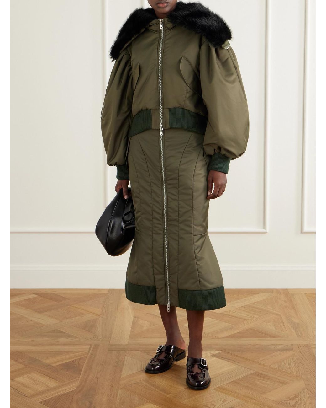 Simone Rocha Green Hooded Cropped Plush-Trimmed Shell Bomber Jacket