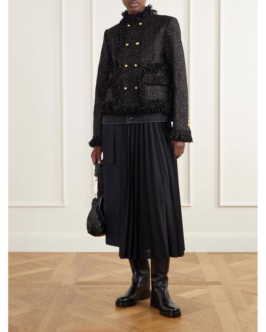 Sacai Black Wool-Blend Tweed Bouclé And Denim Jacket