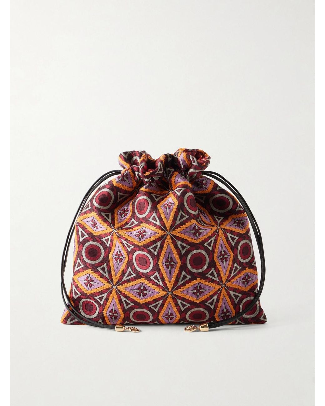 LaDoubleJ Red Drawstring Leather-Trimmed Jacquard-Knit Clutch