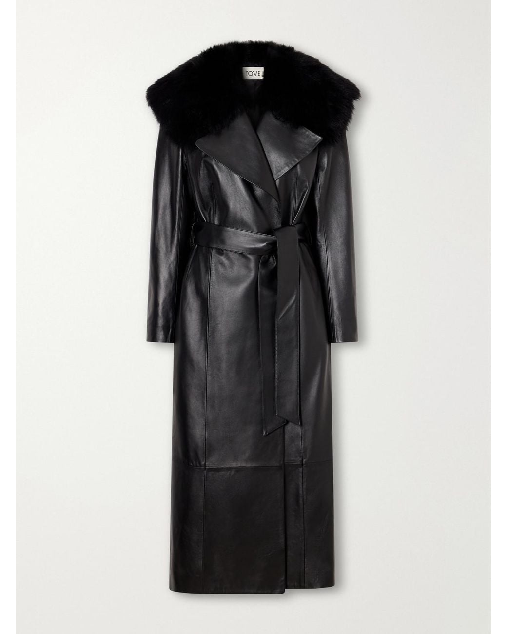 TOVE Black Rosa Belted Paneled Shearling-Trimmed Leather Wrap Coat