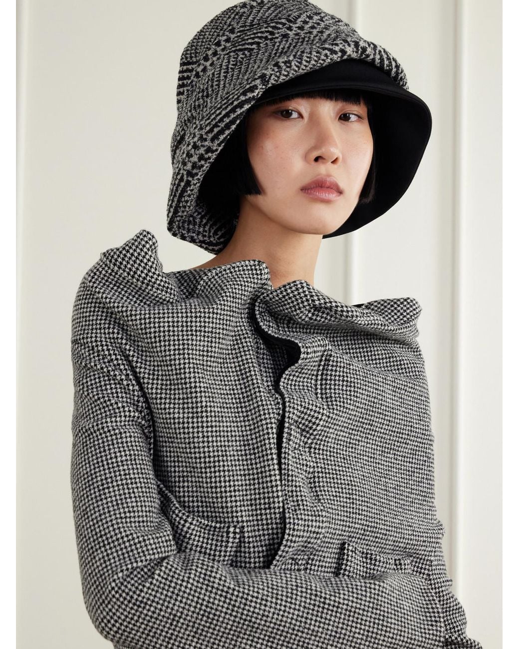 Junya Watanabe Gray Checked Gabardine-Trimmed Wool-Blend Tweed Bucket Hat