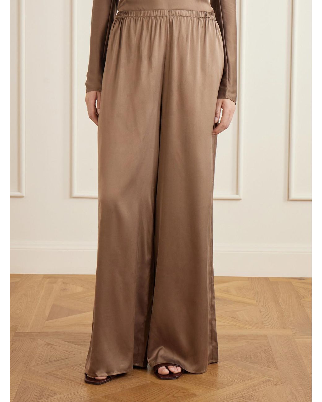 Ruohan Brown Silk-Blend Wide-Leg Pants