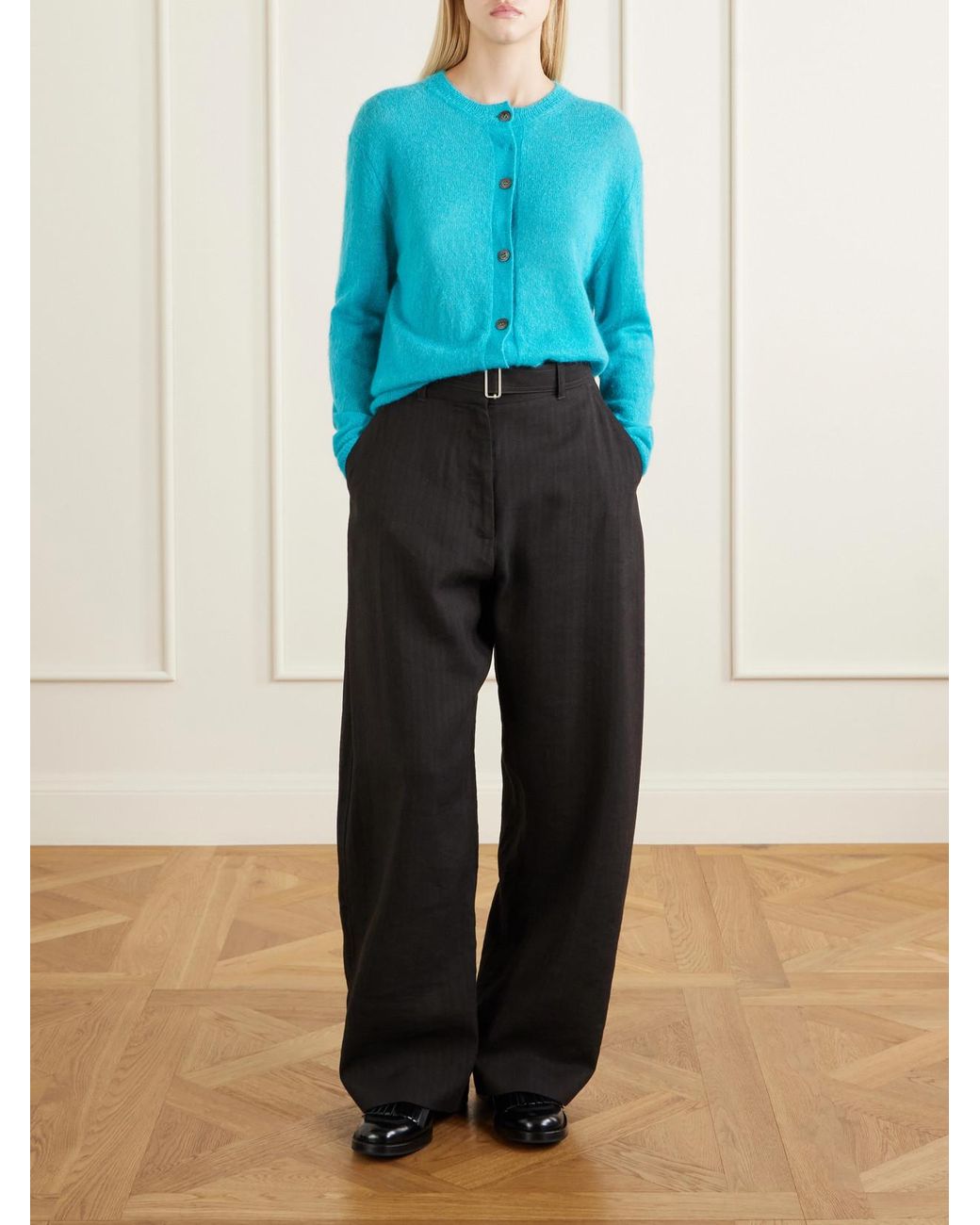 Studio Nicholson Black Chatto Belted Herringbone Cotton And Linen-Blend Wide-Leg Pants