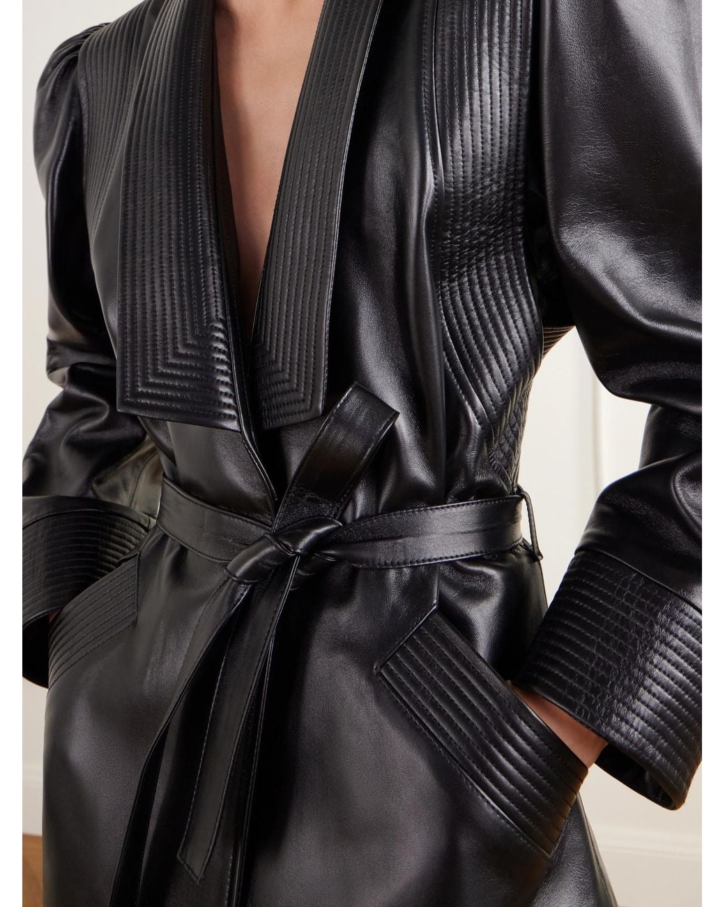 Valentino Garavani Black Pleated Belted Leather Jacket