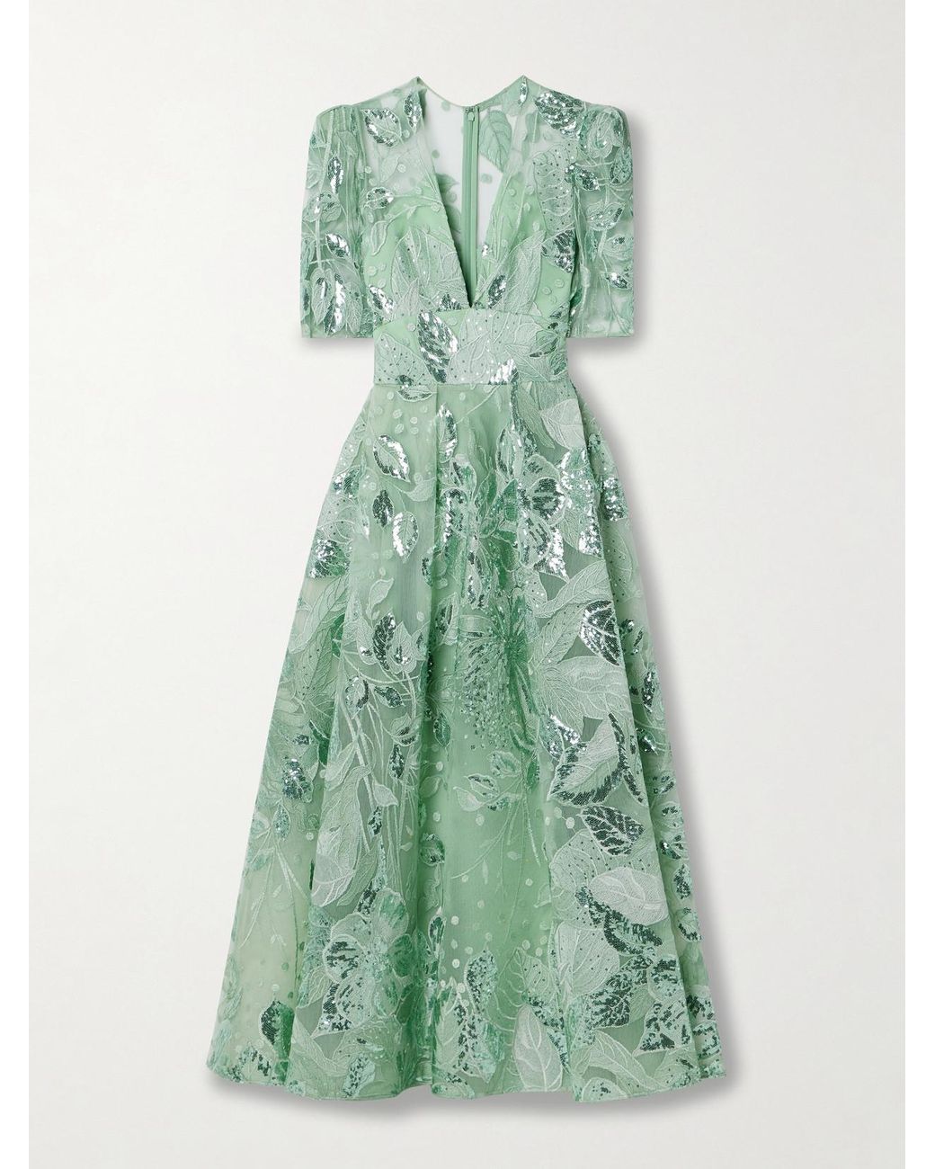 Elie Saab Sequin-embellished Embroidered Tulle Midi Dress in Green | Lyst