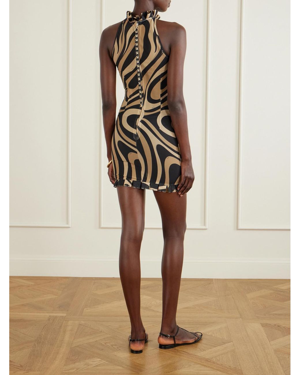 Emilio Pucci Natural Pleated Printed Mesh Mini Dress