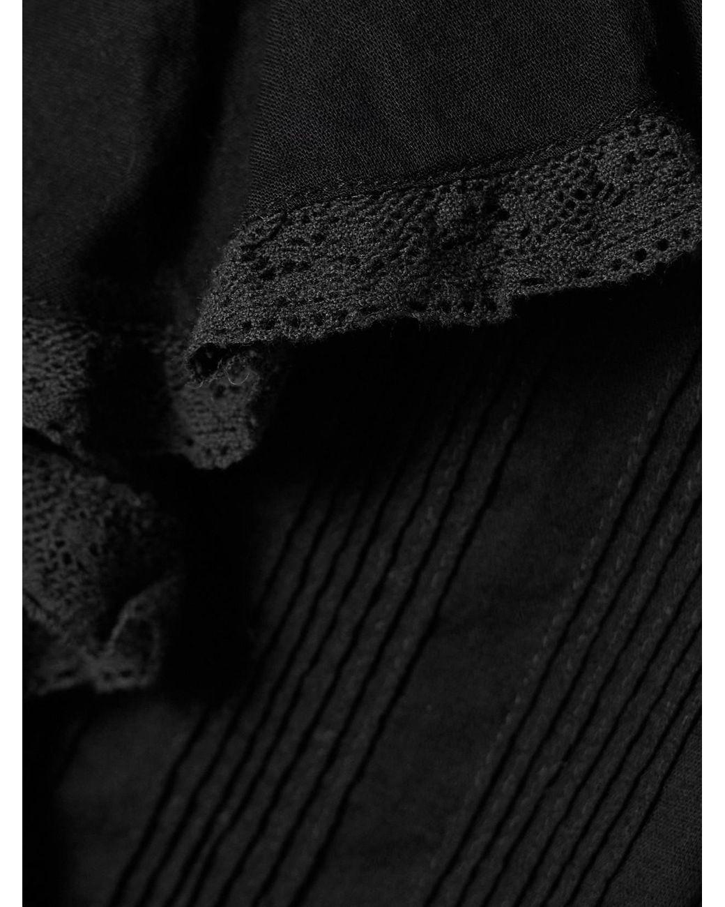 Doen Black Hardy Lace-Trimmed Ruffled Pintucked Organic Cotton-Voile Blouse
