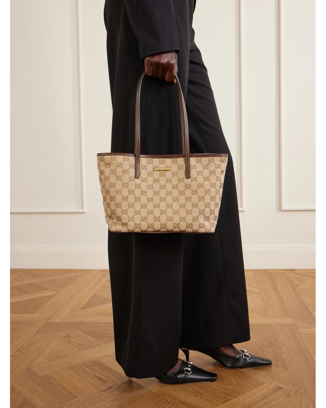 Gucci Natural Leather-Trimmed Coated Canvas-Jacquard Tote