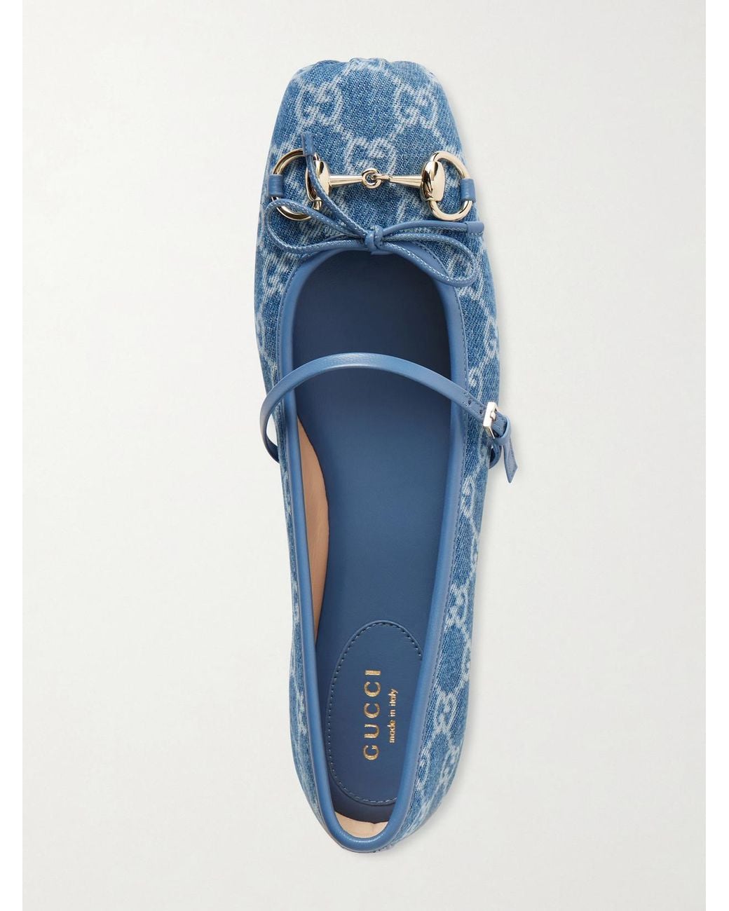 Gucci Blue Horsebit Ballerina Leather-Trimmed Denim Flats