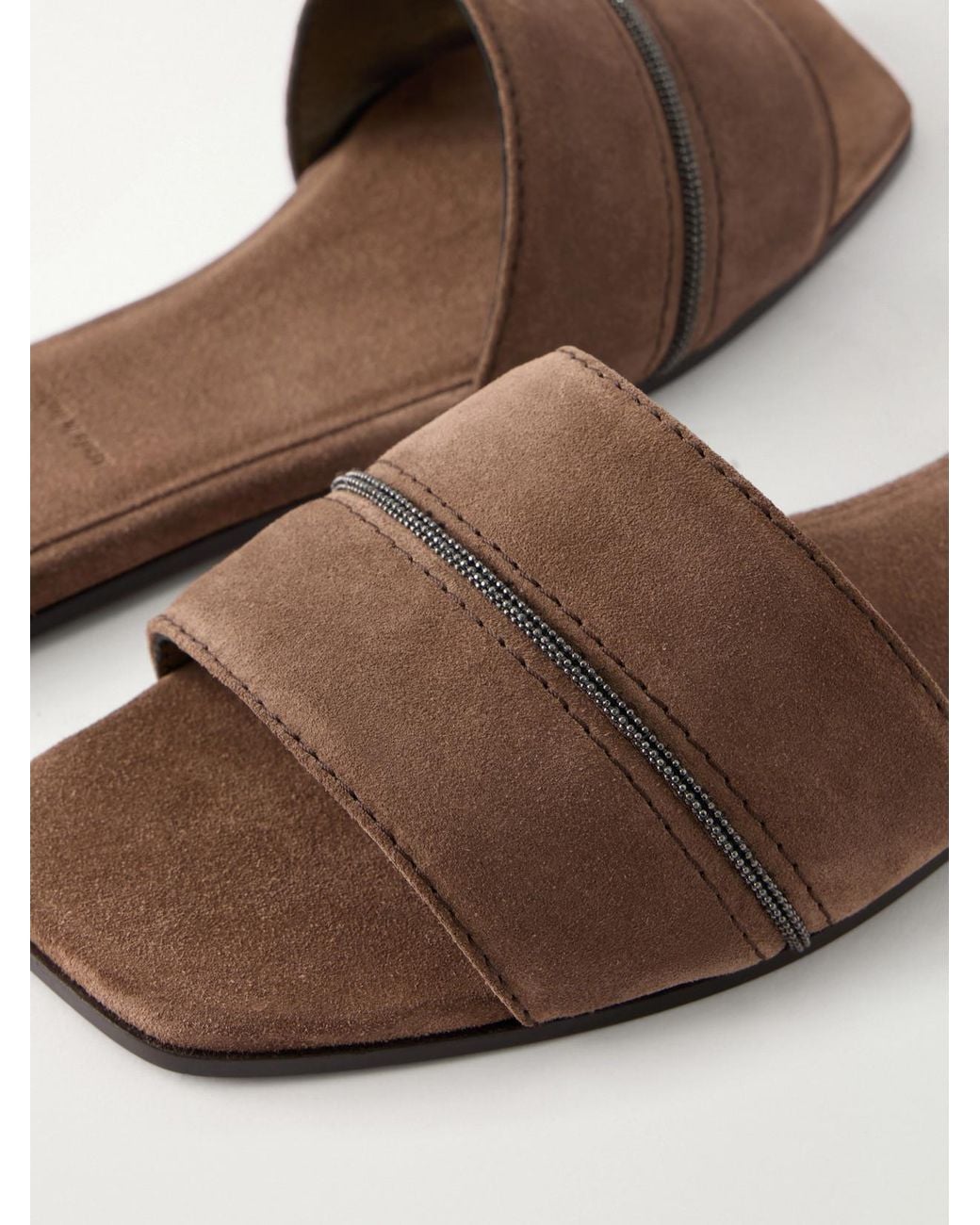 Brunello Cucinelli White Monilli-Embellished Suede Slides