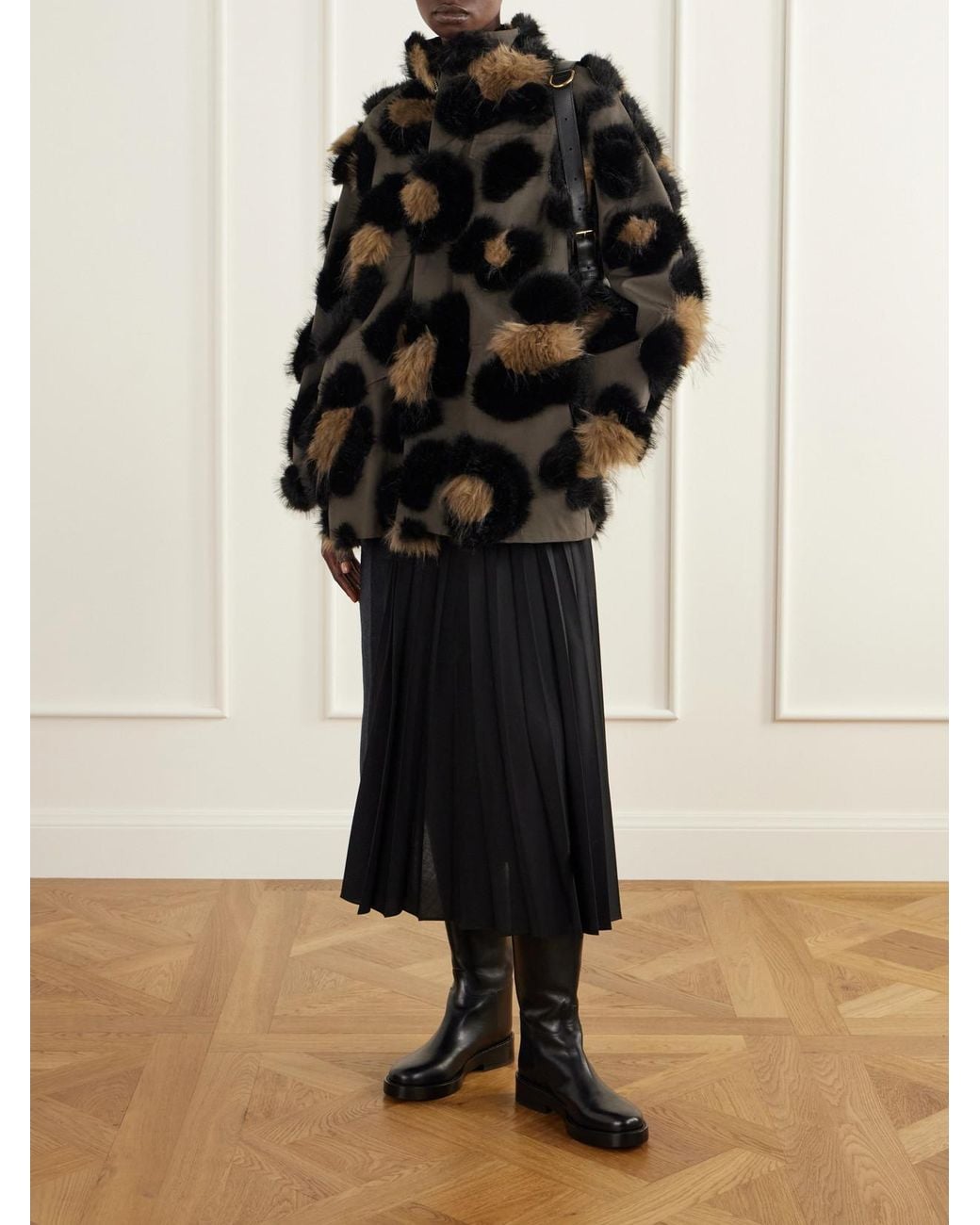 Sacai Black Leopard-Effect Plush-Trimmed Cotton-Twill Jacket