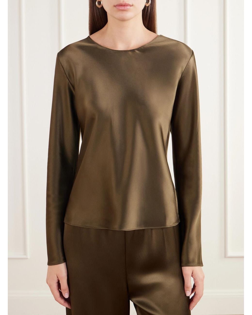 Leset Green Barb Draped Satin Blouse