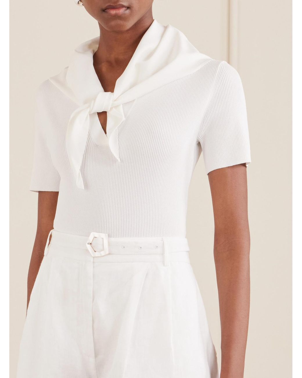 Max Mara White Palmeti Tie-Detailed Ribbed Jersey T-Shirt